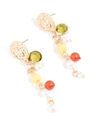 Gold Multicoloured Beaded & Molten Disc Drop Earrings - link has visual effect only