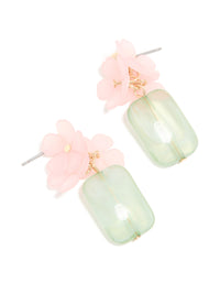 Gold Green Marble Stone & Pink Flower Drop Earrings - link has visual effect only