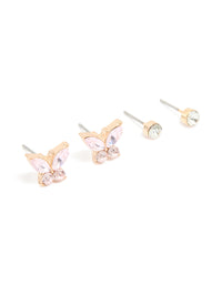 Gold Pink Diamante Butterfly & Classic Stud Earrings 2-Pack - link has visual effect only