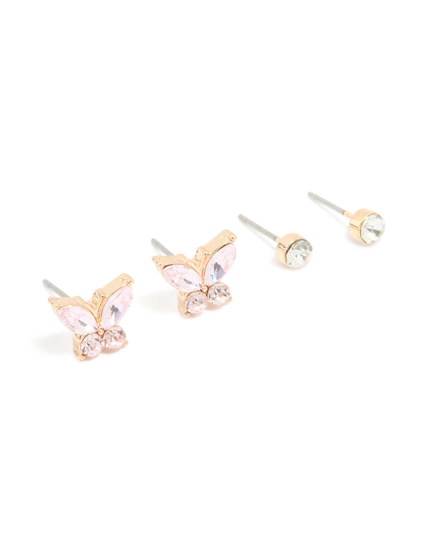 Gold Pink Diamante Butterfly & Classic Stud Earrings 2-Pack