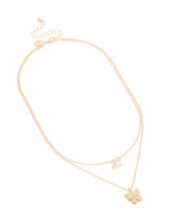 Gold Diamante Pearl & Butterfly Layered Necklace