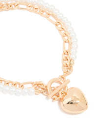 Gold Pearl & Heart Layered Toggle Bracelet - link has visual effect only