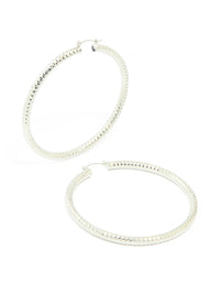 Silver Criss Cross Textured Medium Hoop Earrings - link has visual effect only