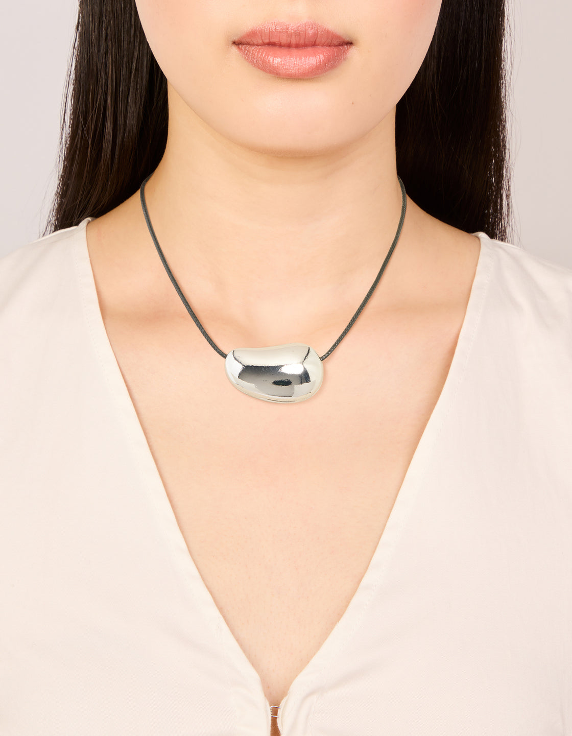 Silver Pebble Cord Medium Pendant Necklace