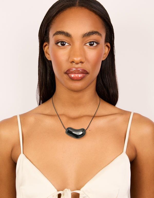 Black Coated Metal Baby Pebble Orb Cord Necklace