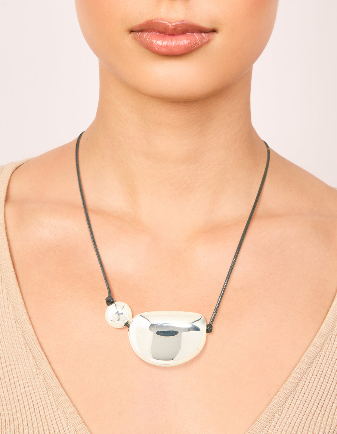 Silver Plated Pebble Cord Large Pendant Necklace
