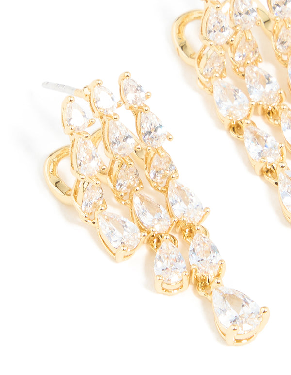 Gold Plated Cubic Zirconia Teardrop Triple Drop Earrings