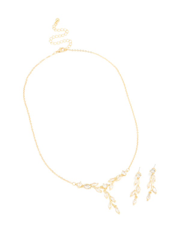 Gold Plated Cubic Zirconia Vine Drop Earrings & Necklace Set