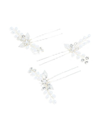 Silver Plated Cubic Zirconia Pearl Laurel Spray Flower Hair Clips 3-Pack - link has visual effect only