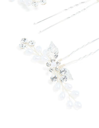 Silver Plated Cubic Zirconia Pearl Laurel Spray Flower Hair Clips 3-Pack - link has visual effect only
