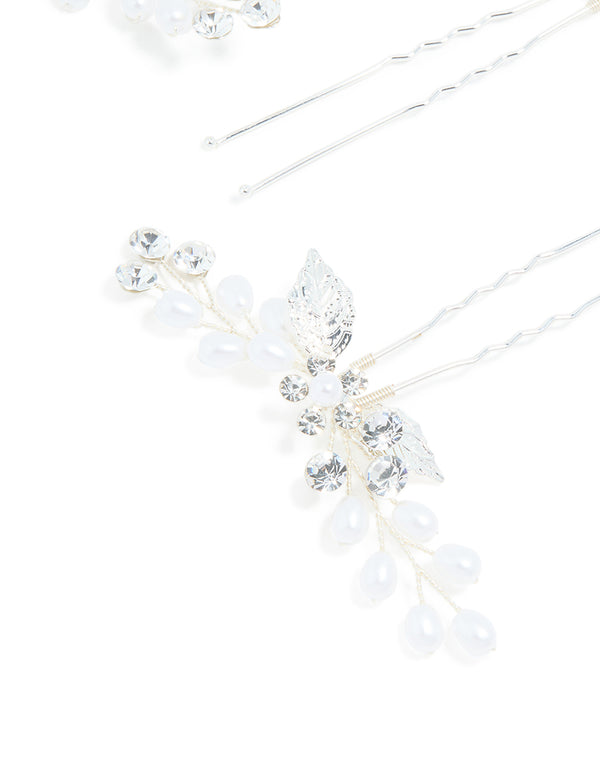 Silver Plated Cubic Zirconia Pearl Laurel Spray Flower Hair Clips 3-Pack