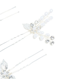Silver Plated Cubic Zirconia Pearl Laurel Spray Flower Hair Clips 3-Pack - link has visual effect only