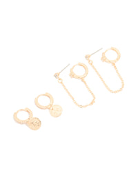 Gold Cubic Zirconia Molten Huggies & Chain Earrings 3-Pack - link has visual effect only