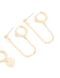 Gold Cubic Zirconia Molten Huggies & Chain Earrings 3-Pack - link has visual effect only