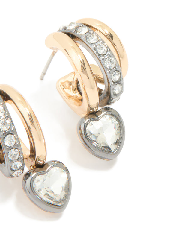 Mixed Metal Heart Diamante Triple Hoop Earrings