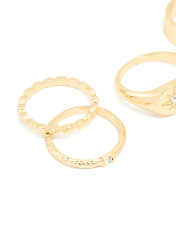 Gold Plated Star Stamped Signet & Textured Rings 5-Pack