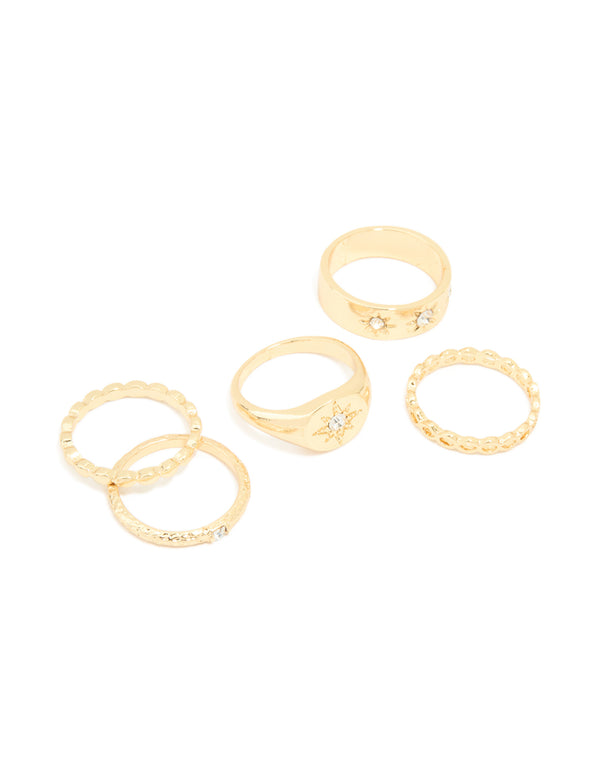 Gold Plated Star Stamped Signet & Textured Rings 5-Pack