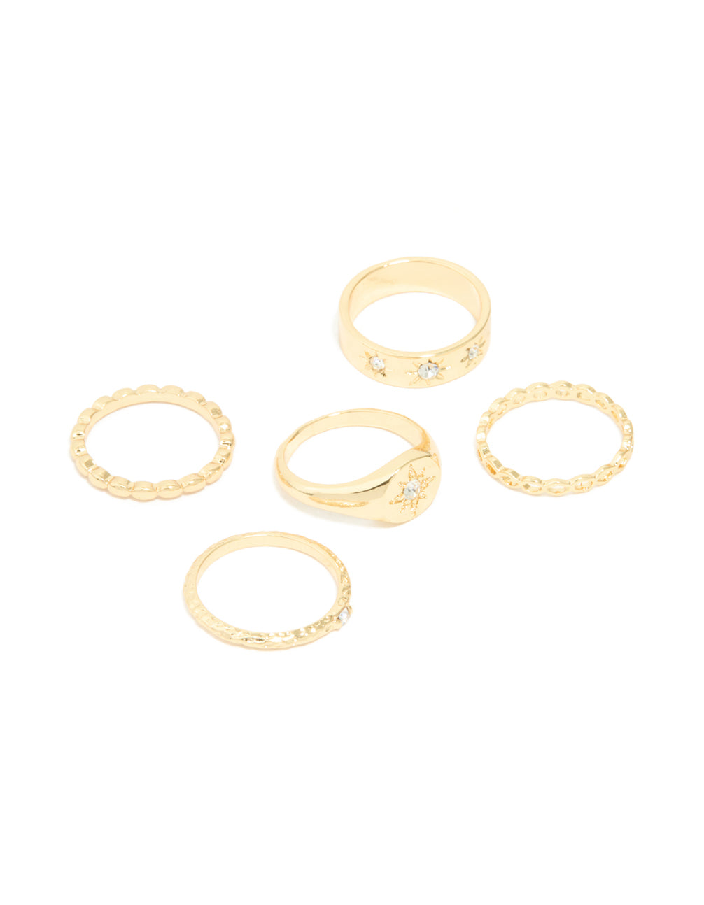 Gold Plated Star Stamped Signet & Textured Rings 5-Pack