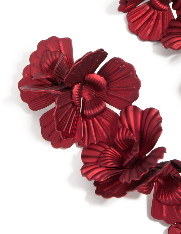 Burgundy Coated Metal Triple Flower Drop Earrings