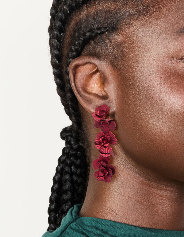 Burgundy Coated Metal Triple Flower Drop Earrings