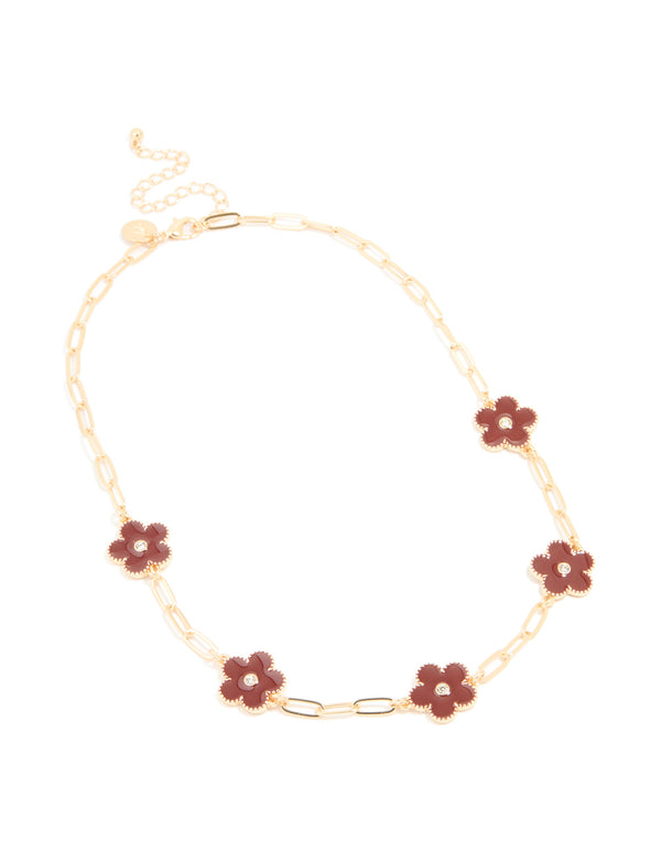 Gold Red Diamante Flower Link Necklace