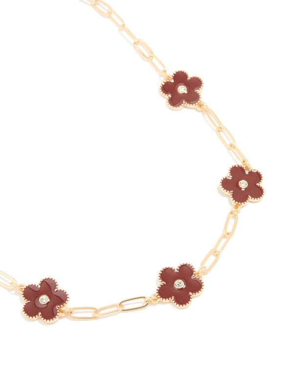 Gold Red Diamante Flower Link Necklace