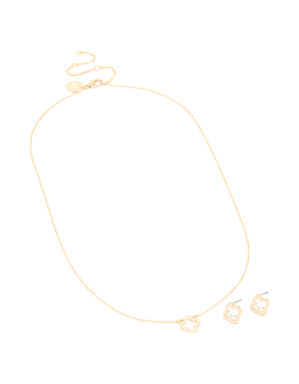 Gold Cubic Zirconia Outline Flower Earring & Necklace Set
