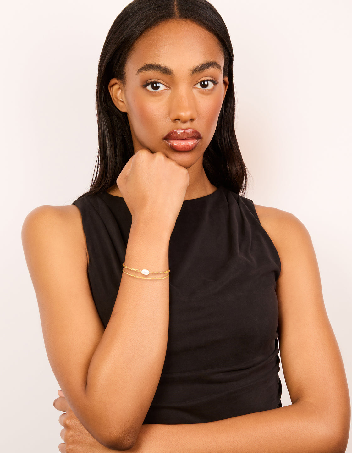 Gold Plated Freshwater Pearl Chain Layered Bracelet