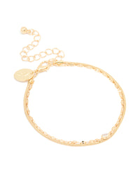 Gold Plated Cubic Zirconia & Chain Layered Bracelet - link has visual effect only