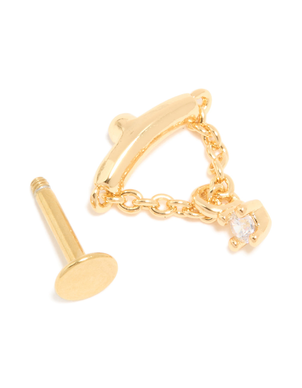 Designed with chain charm and cubic zirconia in gold plated surgical steel flat back stud post detail view
