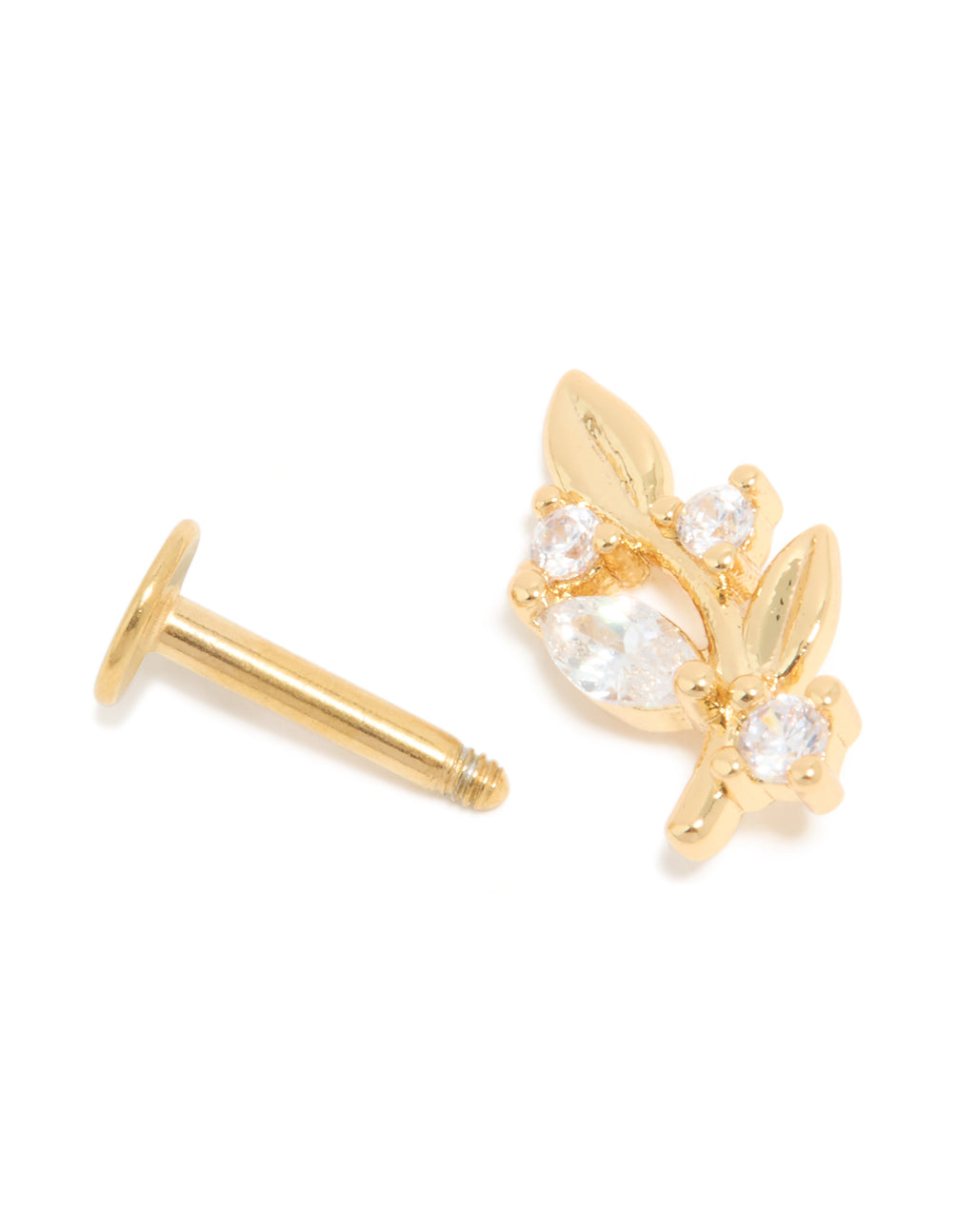 Designed with gold plated surgical steel, this dainty floral single flat back stud features cubic zirconia stones post detail view