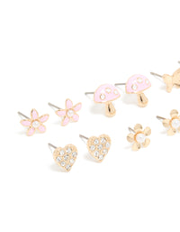 Kids Gold Pastel Pink Strawberry & Mushroom Stud Earrings 6-Pack - link has visual effect only
