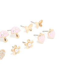 Kids Gold Pastel Pink Strawberry & Mushroom Stud Earrings 6-Pack - link has visual effect only