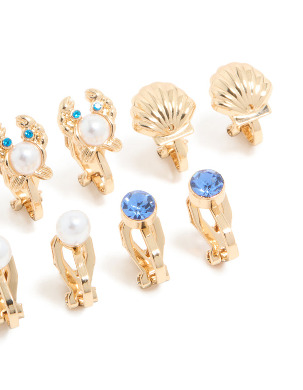 Kids Gold Shell & Crab Clip On Earrings 5-Pack