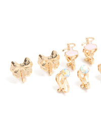Kids Gold Pink Ballerina & Butterfly Clip-On Earrings 5-Pack - link has visual effect only