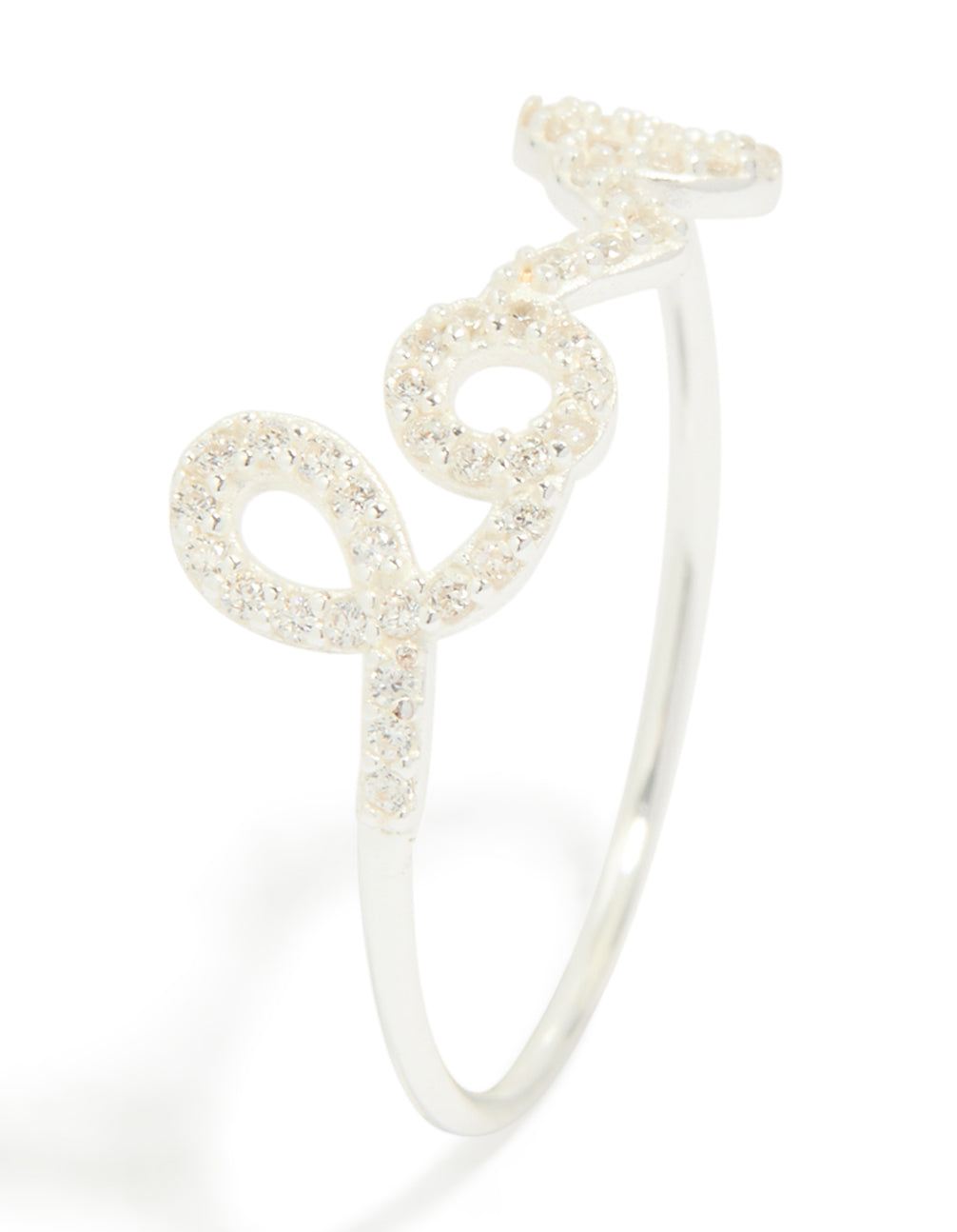 Designed with sterling silver and cubic zirconia this love ring displays script detailing in white with clear stone style close up view