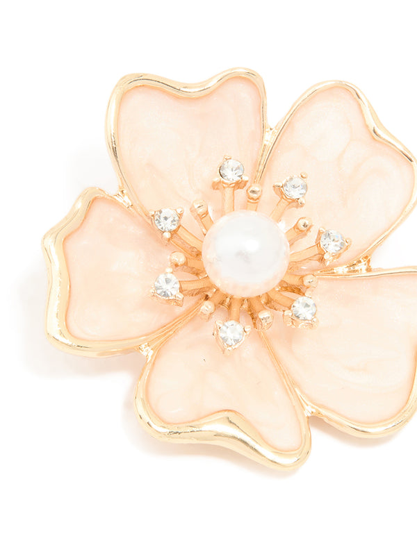 Gold Pink Cream Pearl Flower Brooch