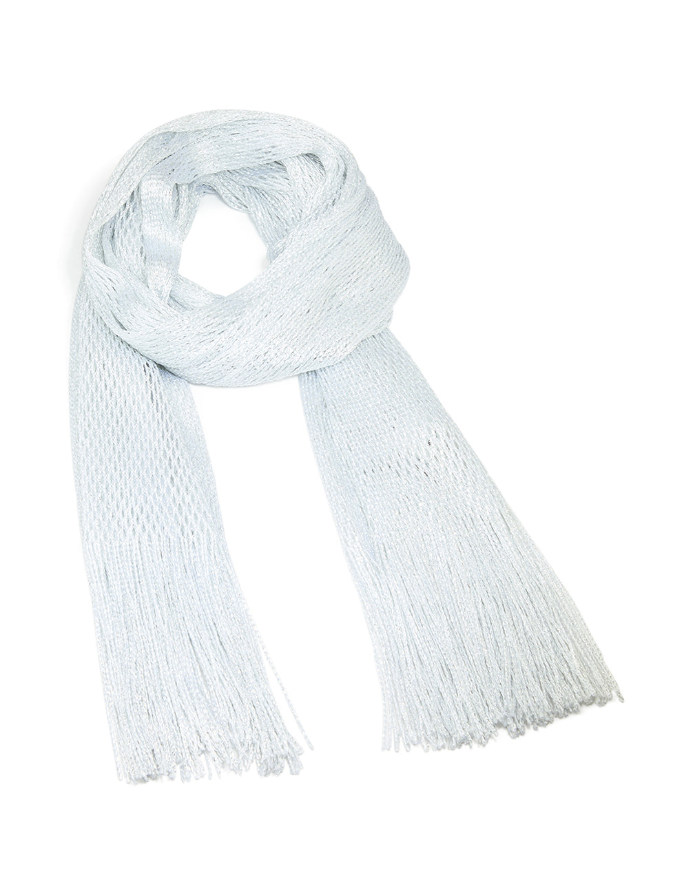 Crafted in a solid print design, this silver fabric draped scarf is shown in front view