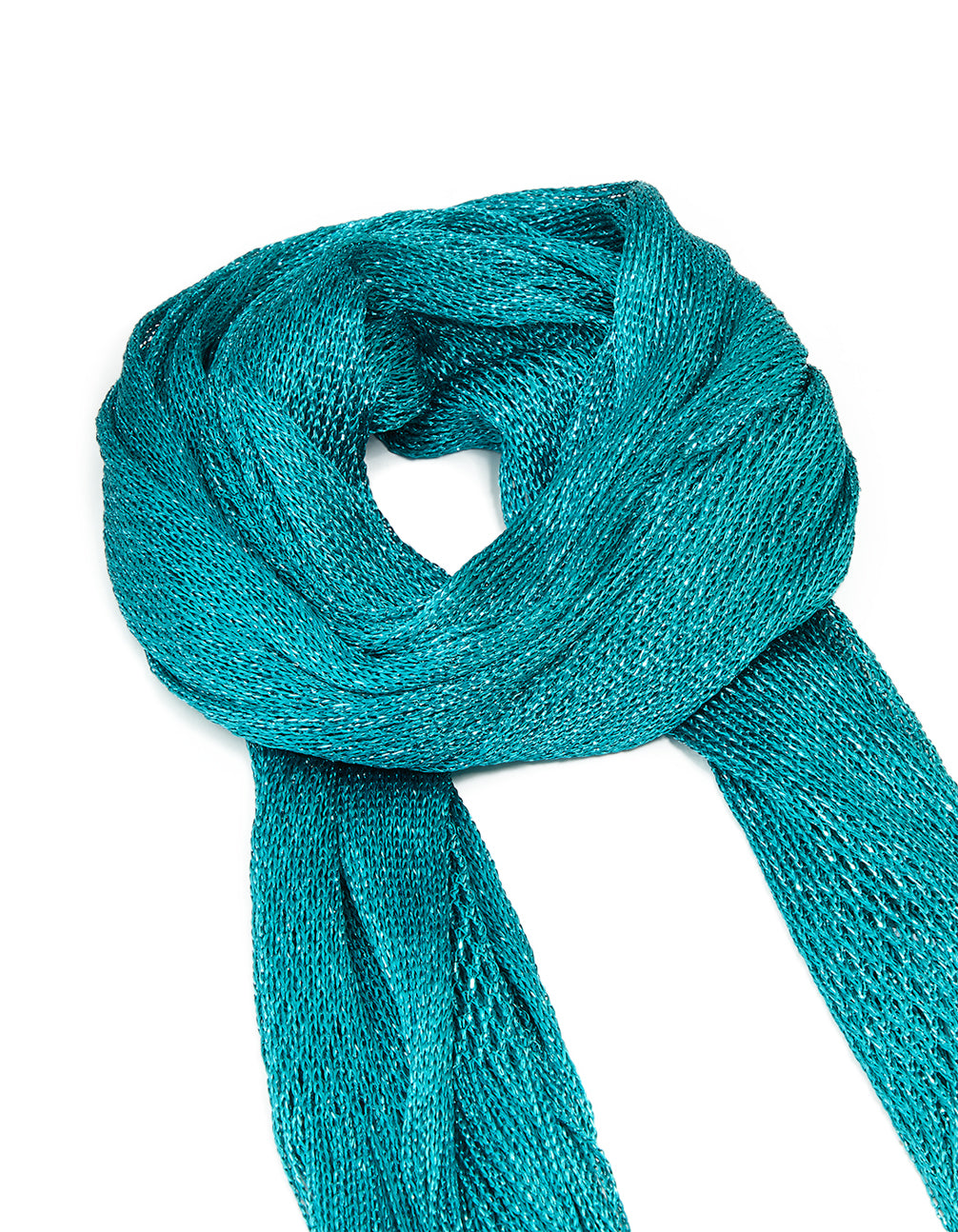 Featuring a solid dark aqua draped fabric scarf in teal side view
