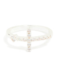 Chic cross ring crafted from silver plated metal featuring cubic zirconia close up view - link has visual effect only