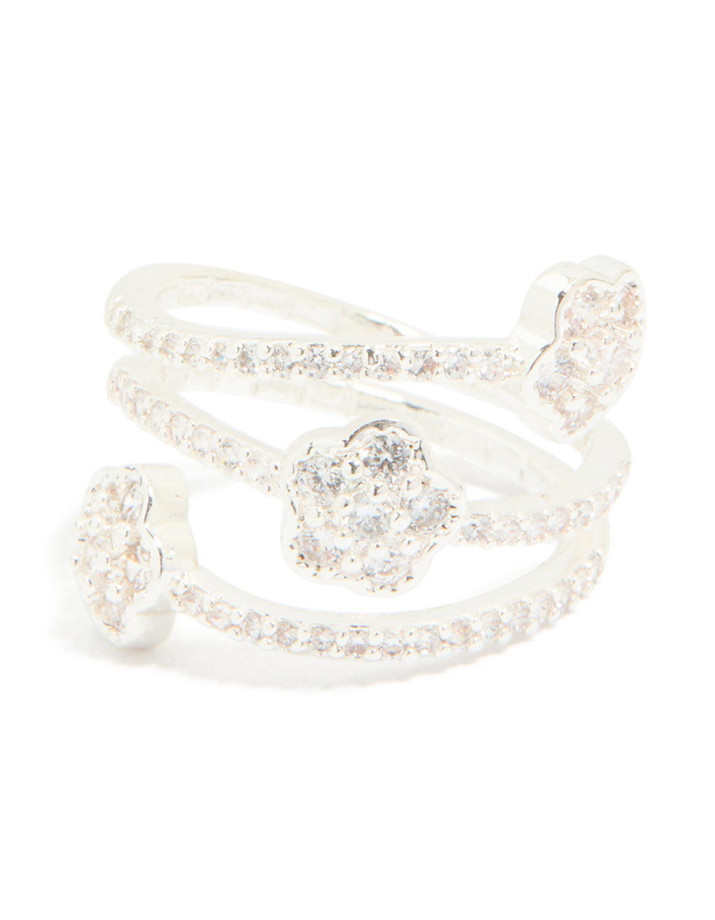 Silver Plated Cubic Zirconia Triple Layer Flower Wrap Around Ring