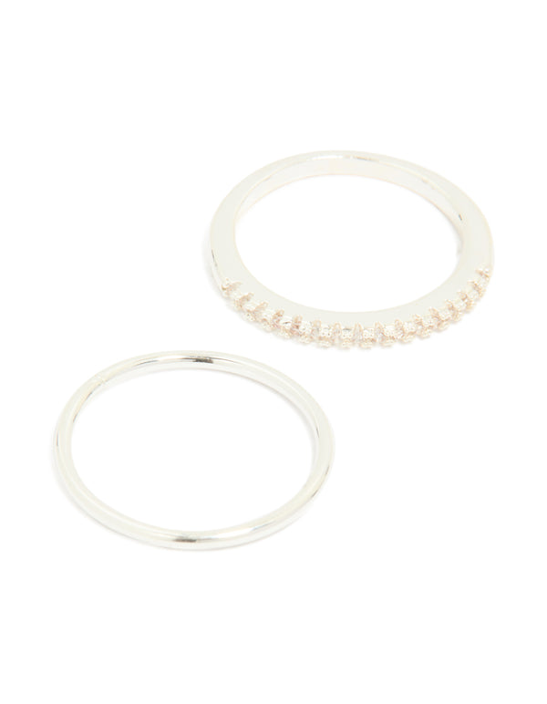 Silver Plated Simple Cubic Zirconia & Smooth Rings 3-Pack