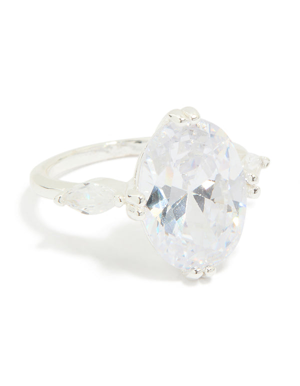 Silver Plated Cubic Zirconia Large Oval Statement Ring
