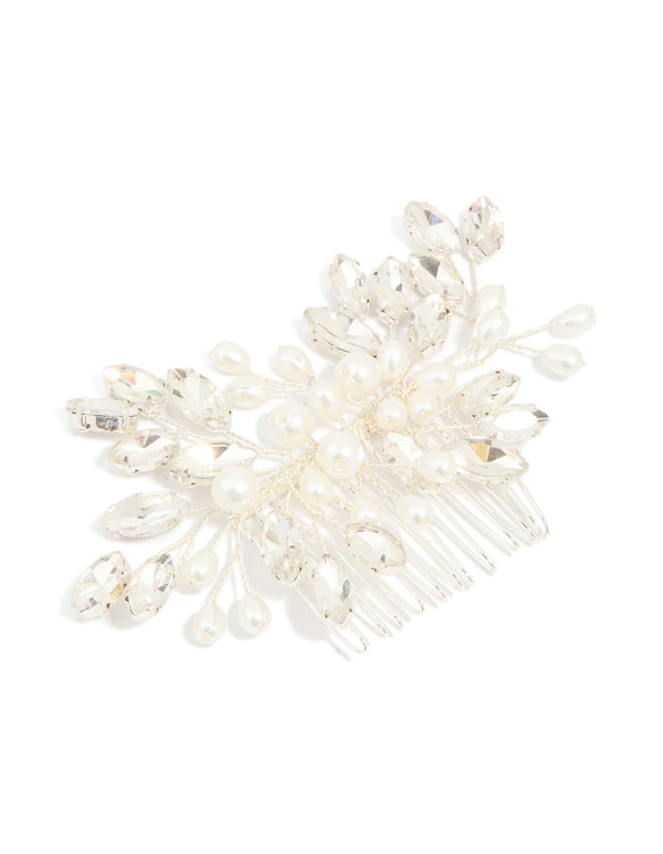 Silver Diamante Leaf Pearl Hair Comb
