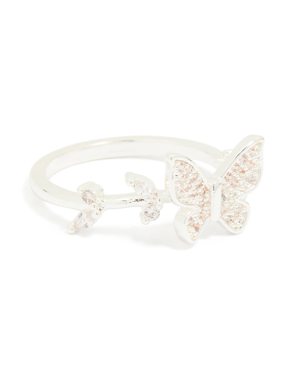 Silver Plated Cubic Zirconia Dainty Butterfly & Leaf Ring