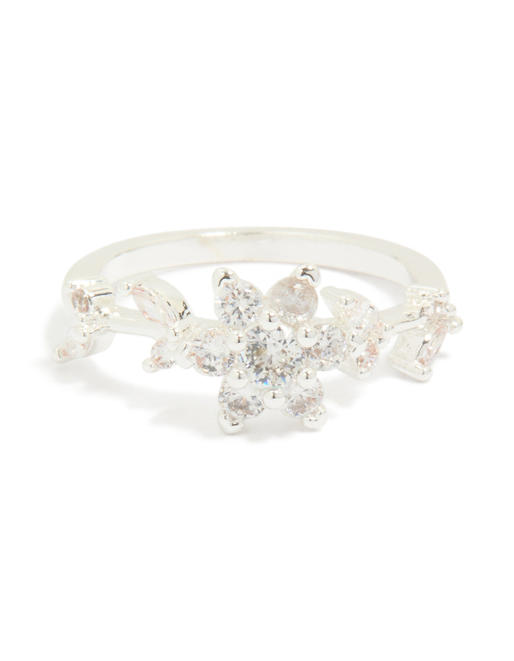 Silver Plated Cubic Zirconia Dainty Flower Ring