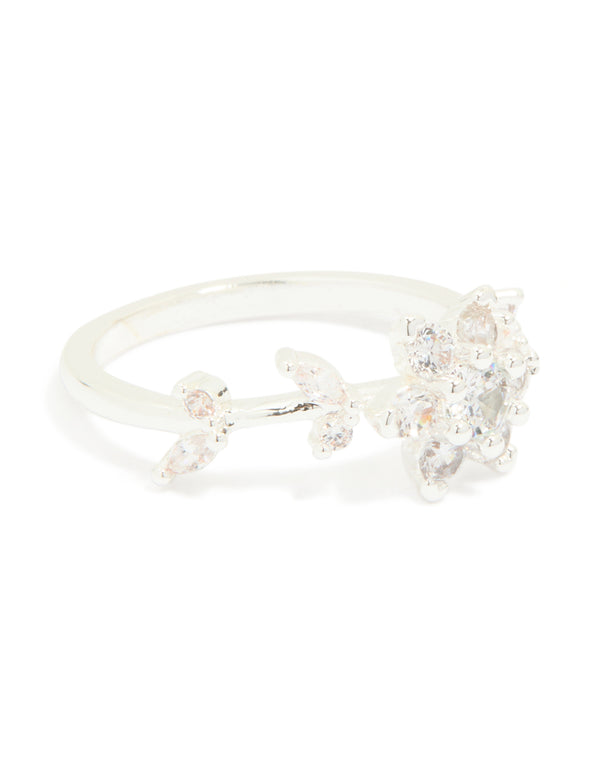 Silver Plated Cubic Zirconia Dainty Flower Ring