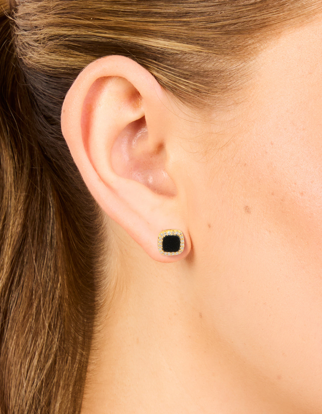 Gold Plated Sterling Silver Black Cushion Cut Cubic Zirconia Stud Earrings