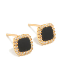 Gold Plated Sterling Silver Black Cushion Cut Cubic Zirconia Stud Earrings - link has visual effect only