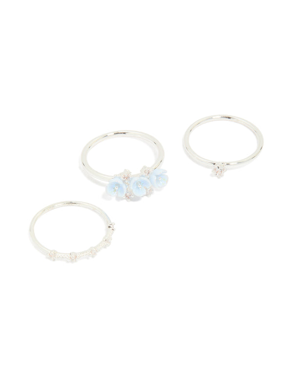 Silver Plated Cubic Zirconia Flower Stacking Rings 3-Pack